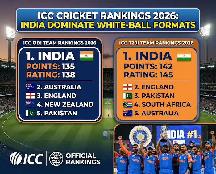 ICC Cricket Rankings 2026: India Dominate White-Ball Formats